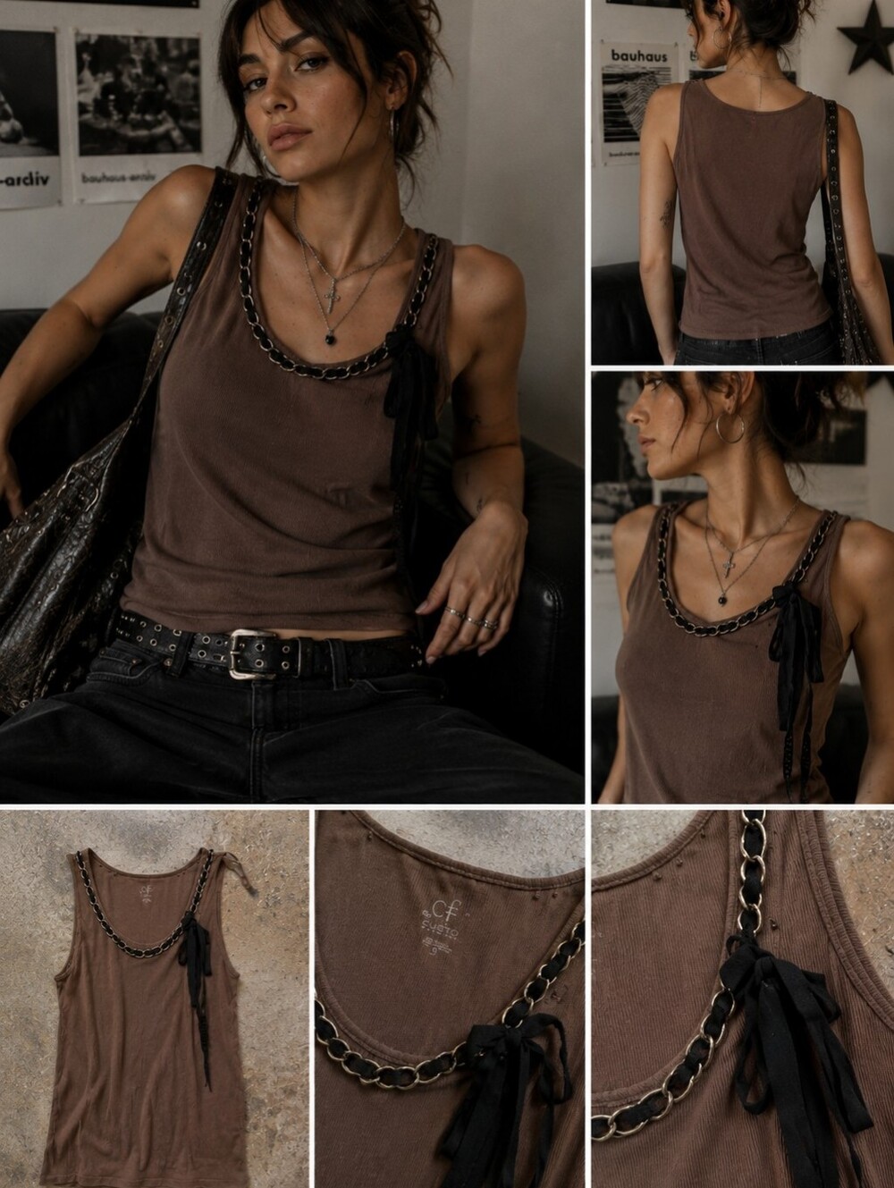 Chain & Ribbon Ribbed Tank Top M Petite Casual Summer 100% Cotton